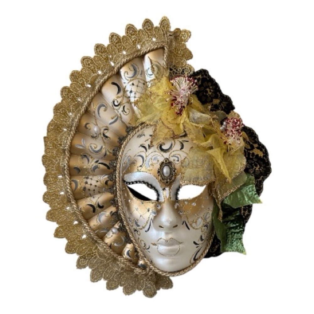 Gold and Cream Fan Venetian Mask Hand Painted Authentic Made in Italy